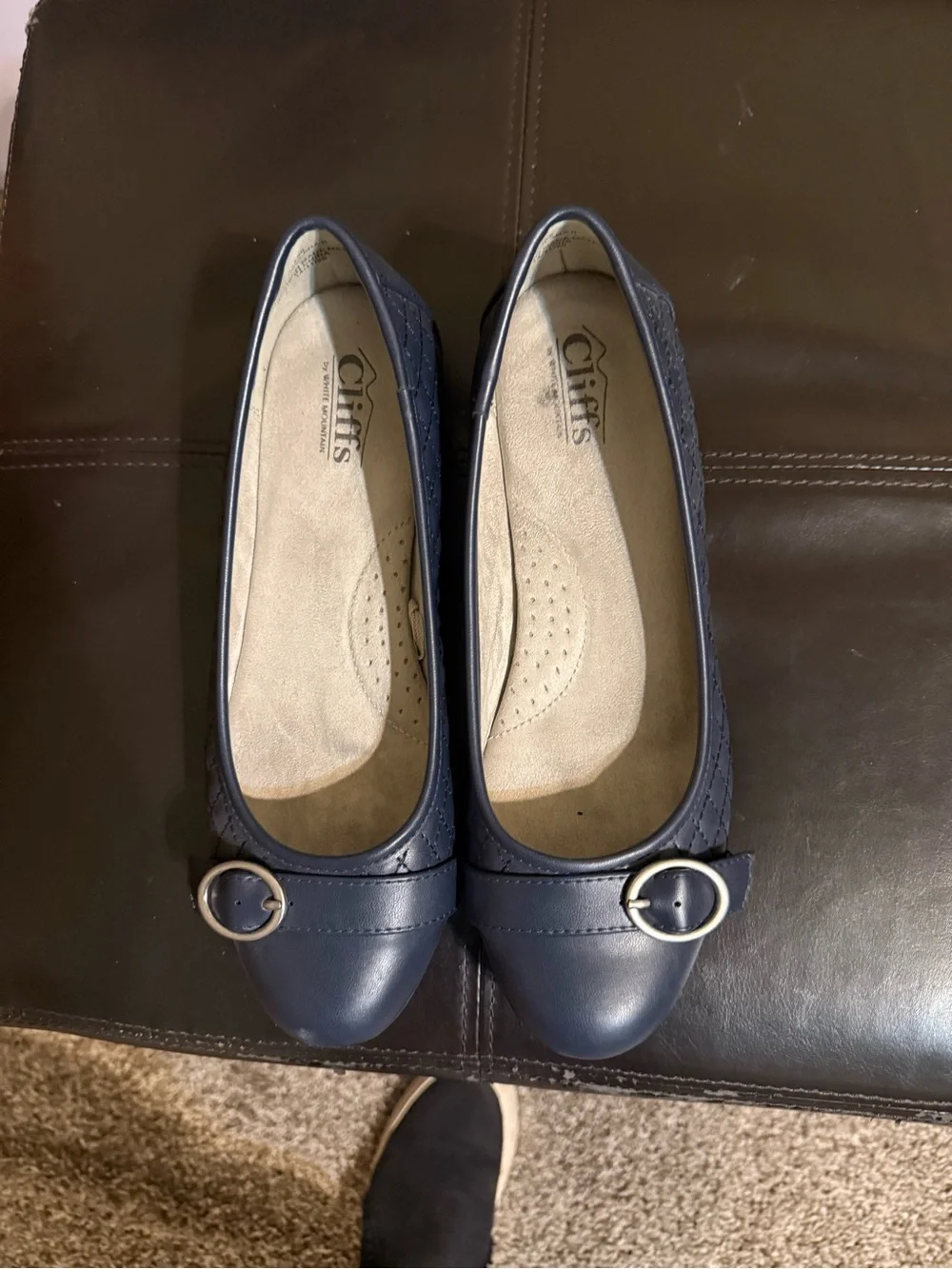 New w/out tag White Mountain Navy Vegan Leather Slip-On Ballet Flats with Buckle - Picture 1 of 4